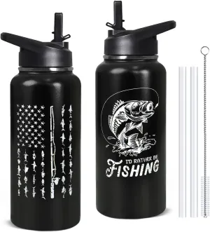 32oz Fishing Stainless Insulated Aater Water Bottle with Straw Gym Hiking Sports Coffee Mug Cup Water Bottles,Fishing Decor Stuff Accessories
