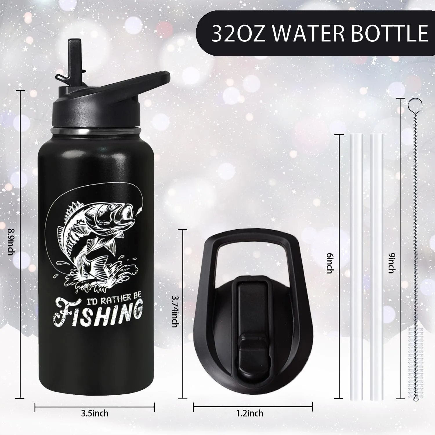 32oz Fishing Stainless Insulated Aater Water Bottle with Straw Gym Hiking Sports Coffee Mug Cup Water Bottles,Fishing Decor Stuff Accessories