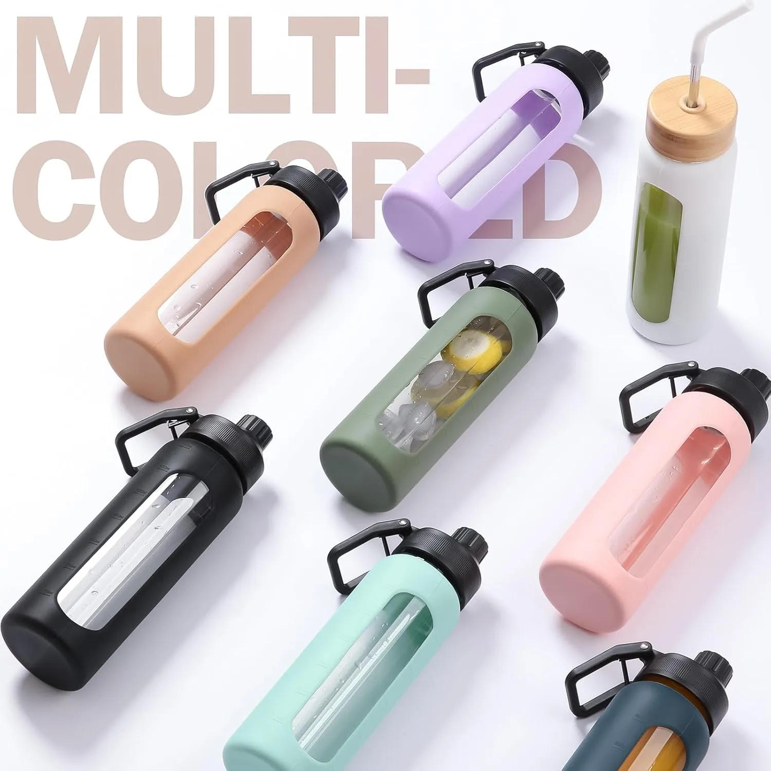 32oz Glass Water Bottle with Straw and 2 Lids- Bamboo Straw and Spout Lid with Phone Holder for Gym, Glass Drinking Bottles with Silicone Sleeve and Motivational Time Marker, Olive