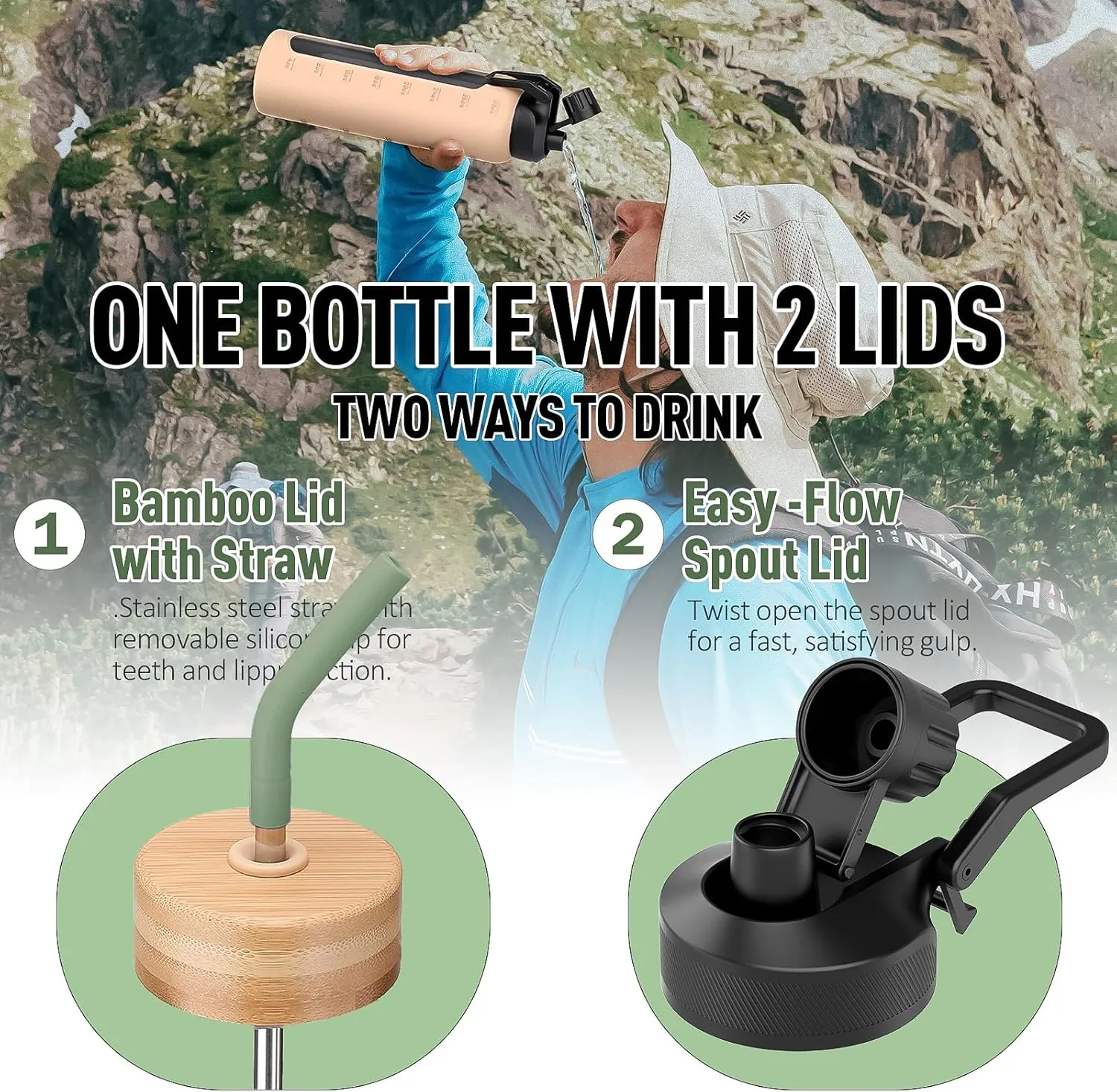 32oz Glass Water Bottle with Straw and 2 Lids- Bamboo Straw and Spout Lid with Phone Holder for Gym, Glass Drinking Bottles with Silicone Sleeve and Motivational Time Marker, Olive