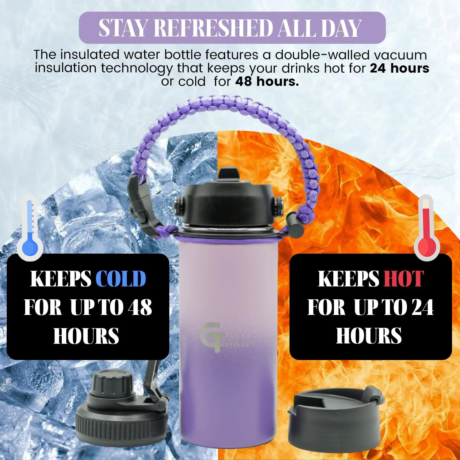 32oz Stainless Steel Vacuum Insulated Wide Mouth Water Bottle with 3 Lids and Paracord Handle for Hot & Cold Beverage (Light Purple/Purple, 32oz)