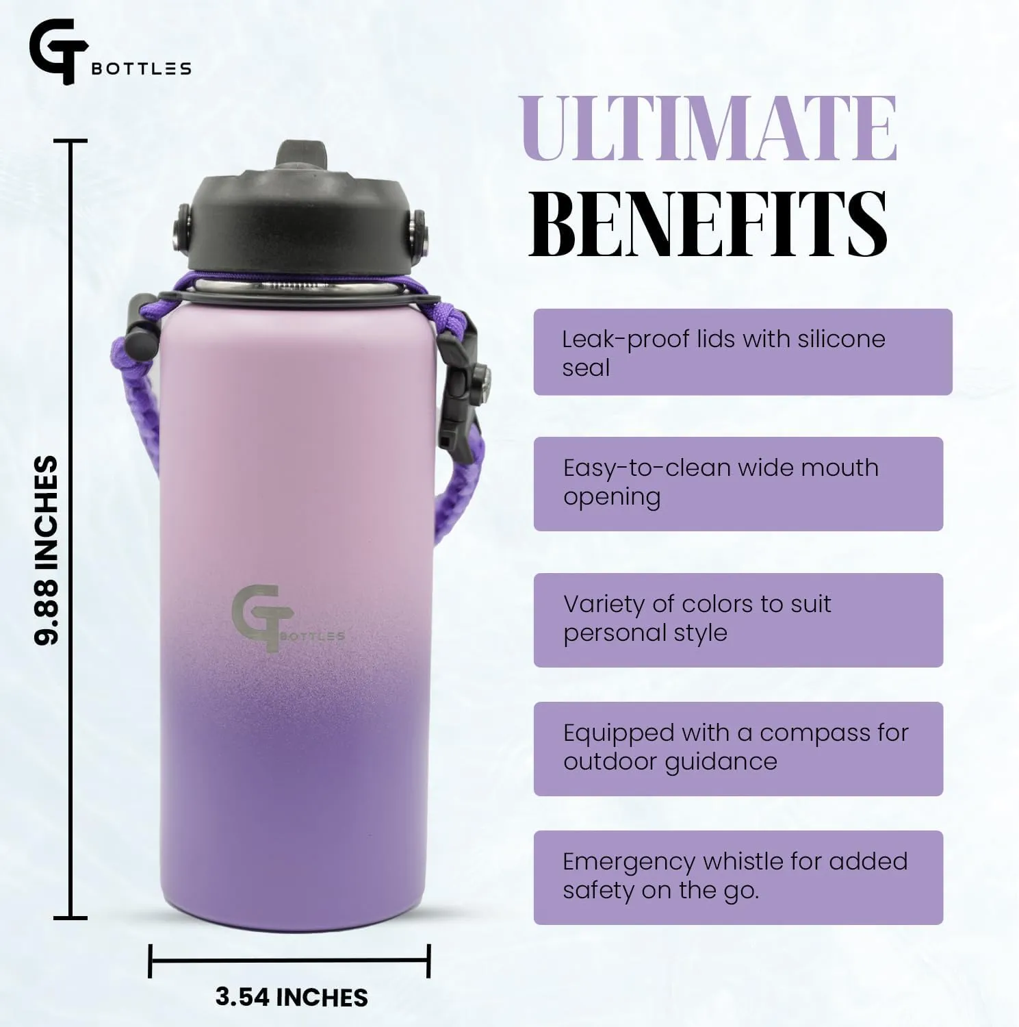 32oz Stainless Steel Vacuum Insulated Wide Mouth Water Bottle with 3 Lids and Paracord Handle for Hot & Cold Beverage (Light Purple/Purple, 32oz)