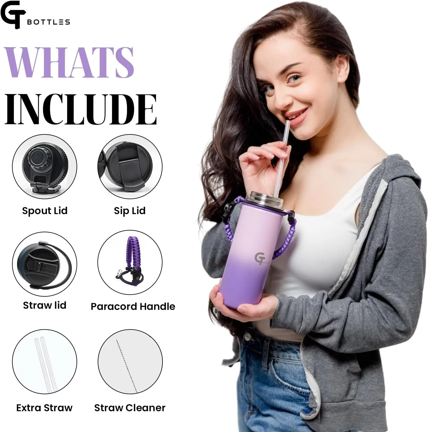 32oz Stainless Steel Vacuum Insulated Wide Mouth Water Bottle with 3 Lids and Paracord Handle for Hot & Cold Beverage (Light Purple/Purple, 32oz)
