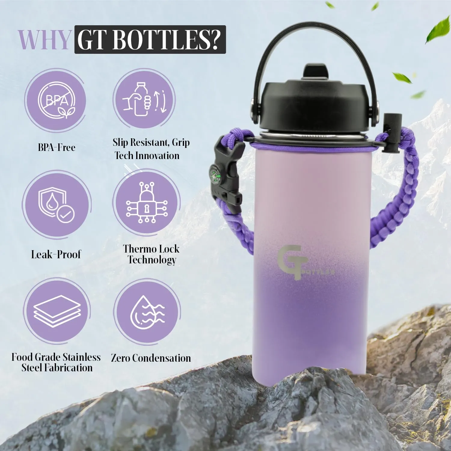 32oz Stainless Steel Vacuum Insulated Wide Mouth Water Bottle with 3 Lids and Paracord Handle for Hot & Cold Beverage (Light Purple/Purple, 32oz)