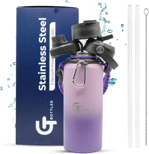 32oz Stainless Steel Vacuum Insulated Wide Mouth Water Bottle with 3 Lids and Paracord Handle for Hot & Cold Beverage (Light Purple/Purple, 32oz)