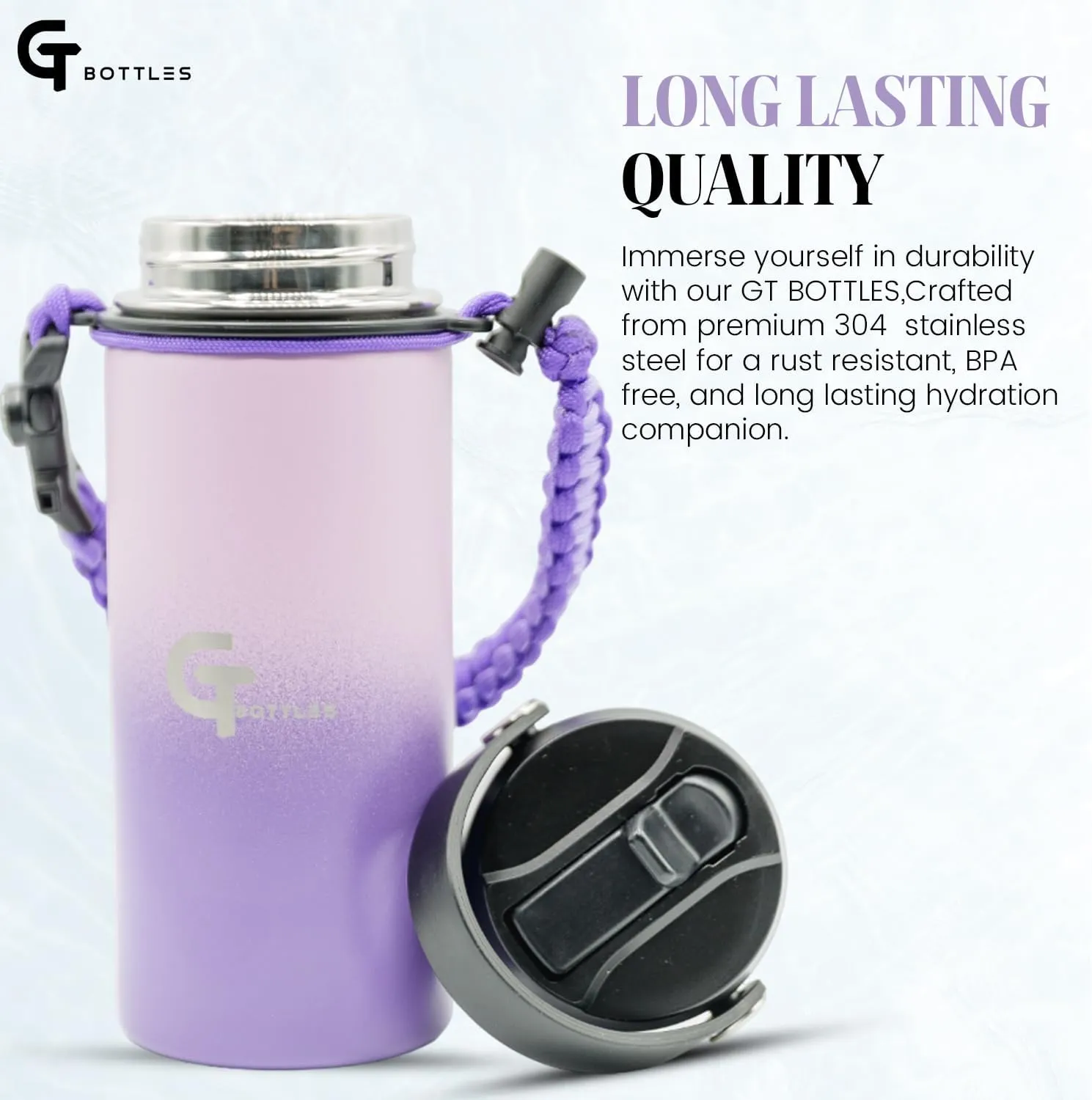 32oz Stainless Steel Vacuum Insulated Wide Mouth Water Bottle with 3 Lids and Paracord Handle for Hot & Cold Beverage (Light Purple/Purple, 32oz)
