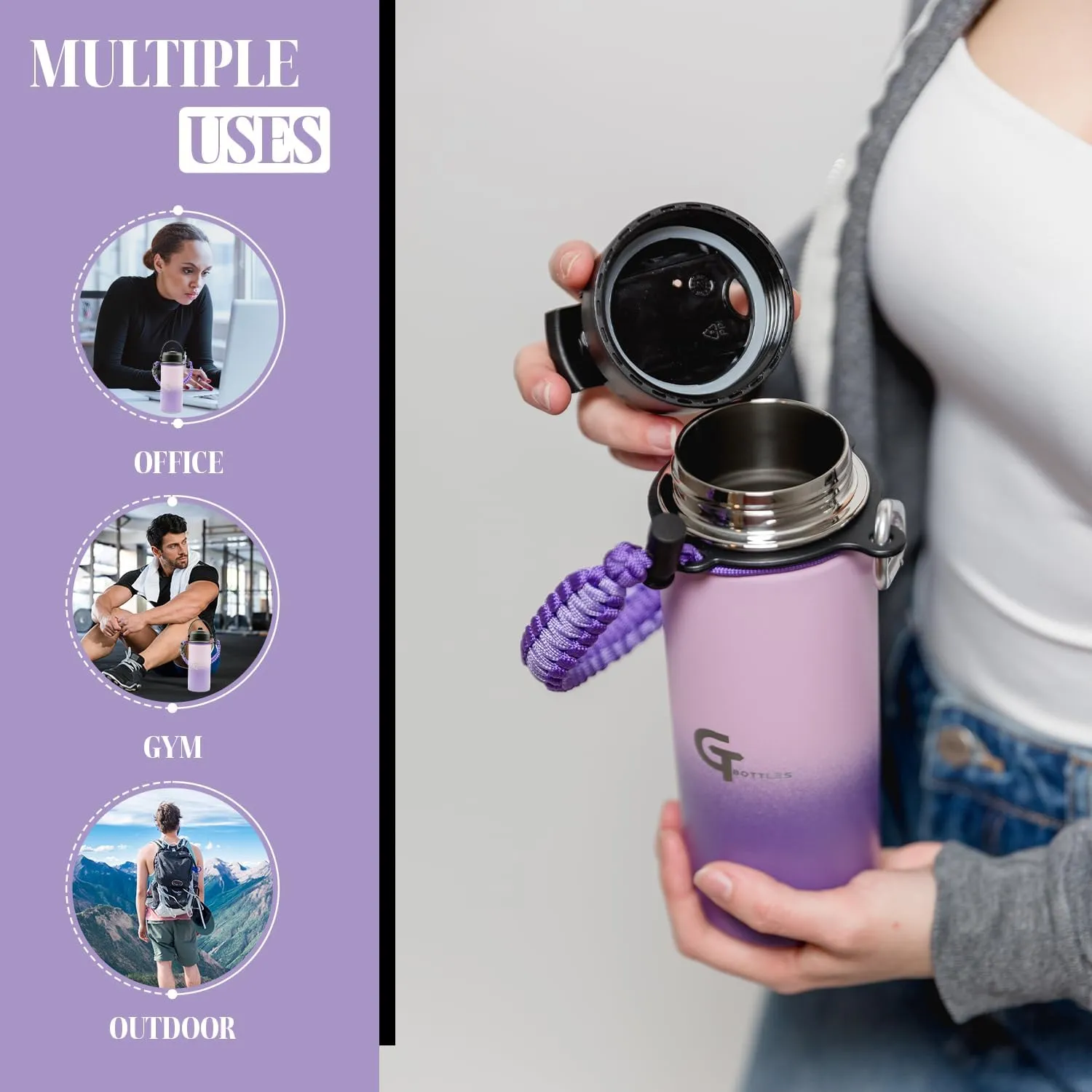 32oz Stainless Steel Vacuum Insulated Wide Mouth Water Bottle with 3 Lids and Paracord Handle for Hot & Cold Beverage (Light Purple/Purple, 32oz)