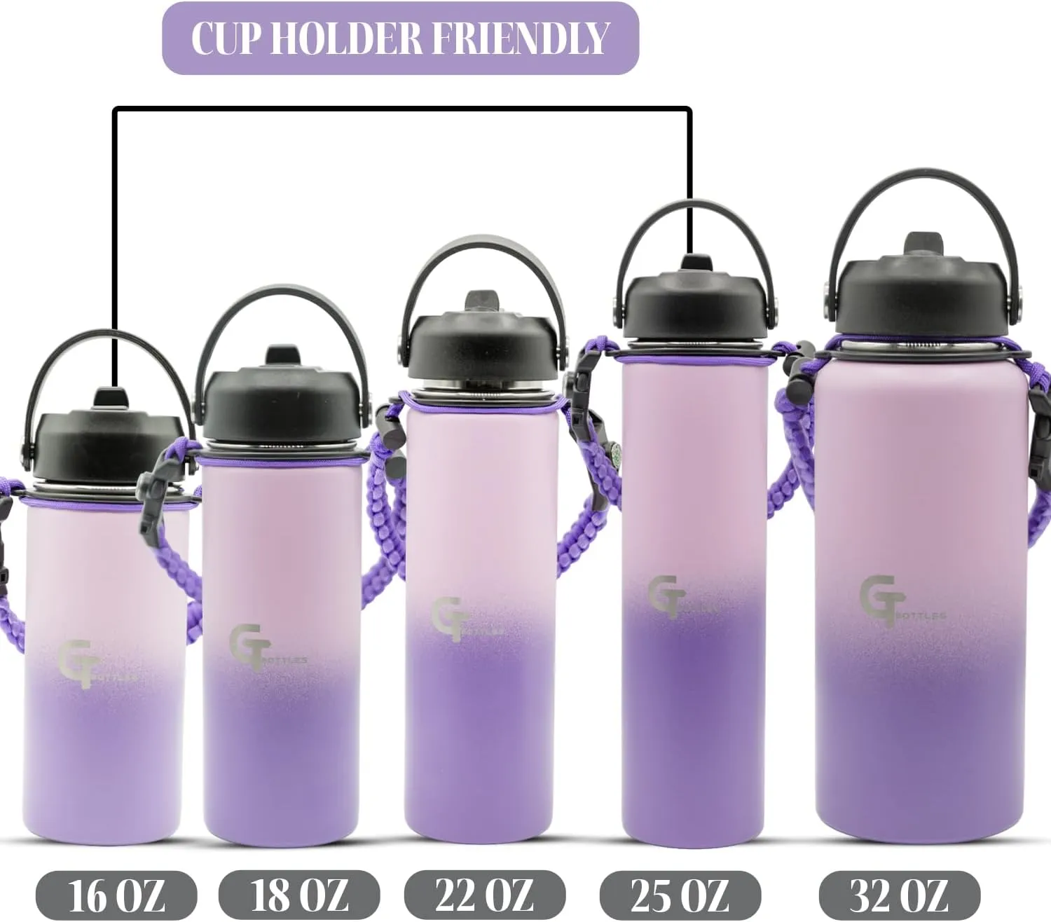 32oz Stainless Steel Vacuum Insulated Wide Mouth Water Bottle with 3 Lids and Paracord Handle for Hot & Cold Beverage (Light Purple/Purple, 32oz)