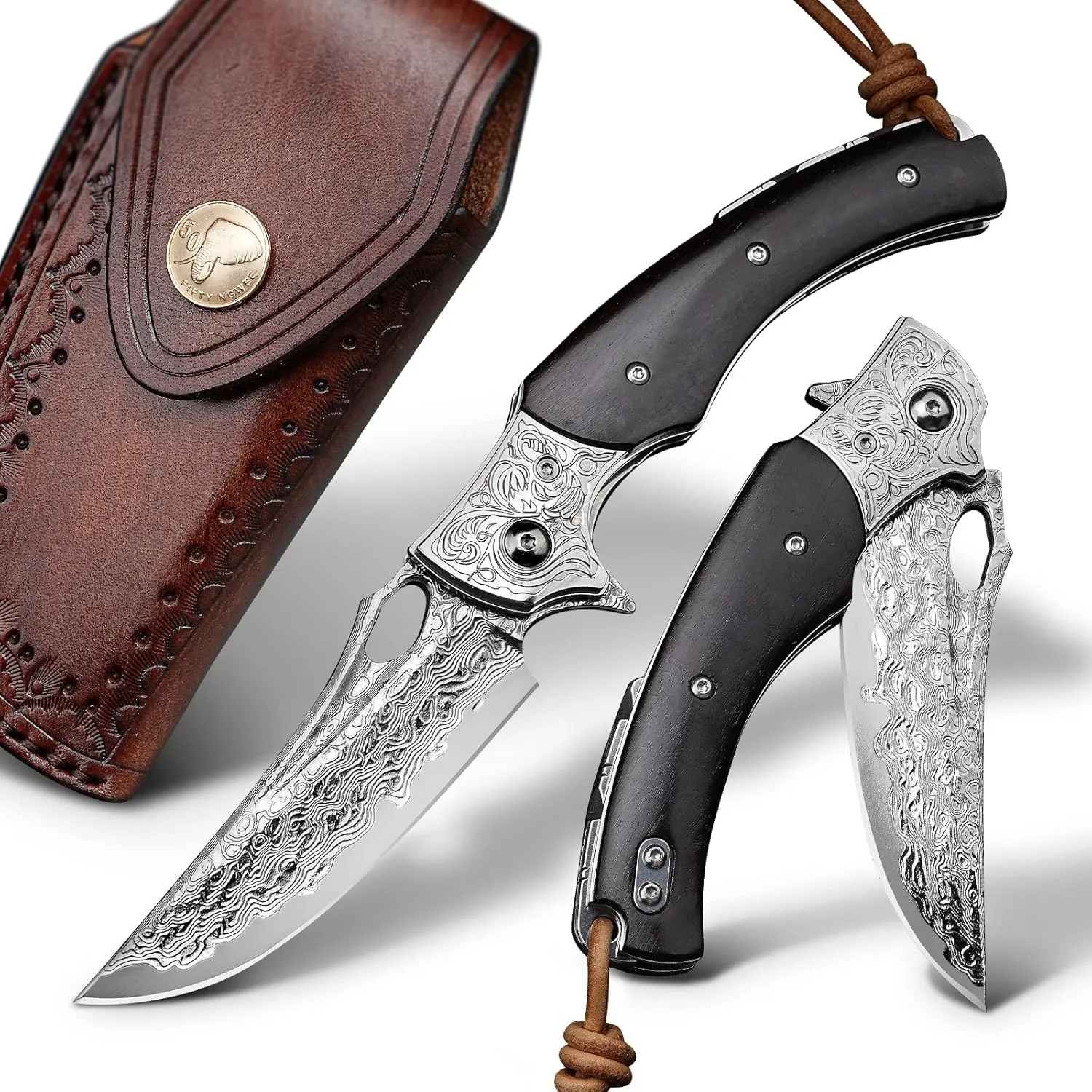 3.5 inch Japanese VG10 Damascus Steel Outdoor Folding Knife with Black Wood Handle, Lined Lock, EDC & Camping Use