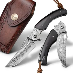 3.5 inch Japanese VG10 Damascus Steel Outdoor Folding Knife with Black Wood Handle, Lined Lock, EDC & Camping Use