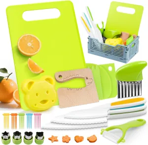 36Pcs Kids Knife Set for Real Cooking, Montessori Kitchen Tools for Toddlers, Safe Kids Cooking Toys with Storage Bin, Toddler Kitchen Knife Set for 3-10 Year Old Boys and Girls Birthday Gifts