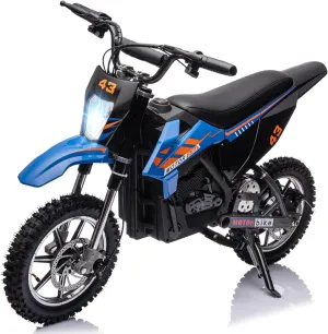 36V Kids Ride on Dirt Bike,15.5MPH Fast Speed Electric Battery-Powered Off-Road Motorcycle 500W Brushed Motor,Max Load 175 lbs,LED Light,Leather Seat,Disc Brake,Air-Filled Tires (Blue)