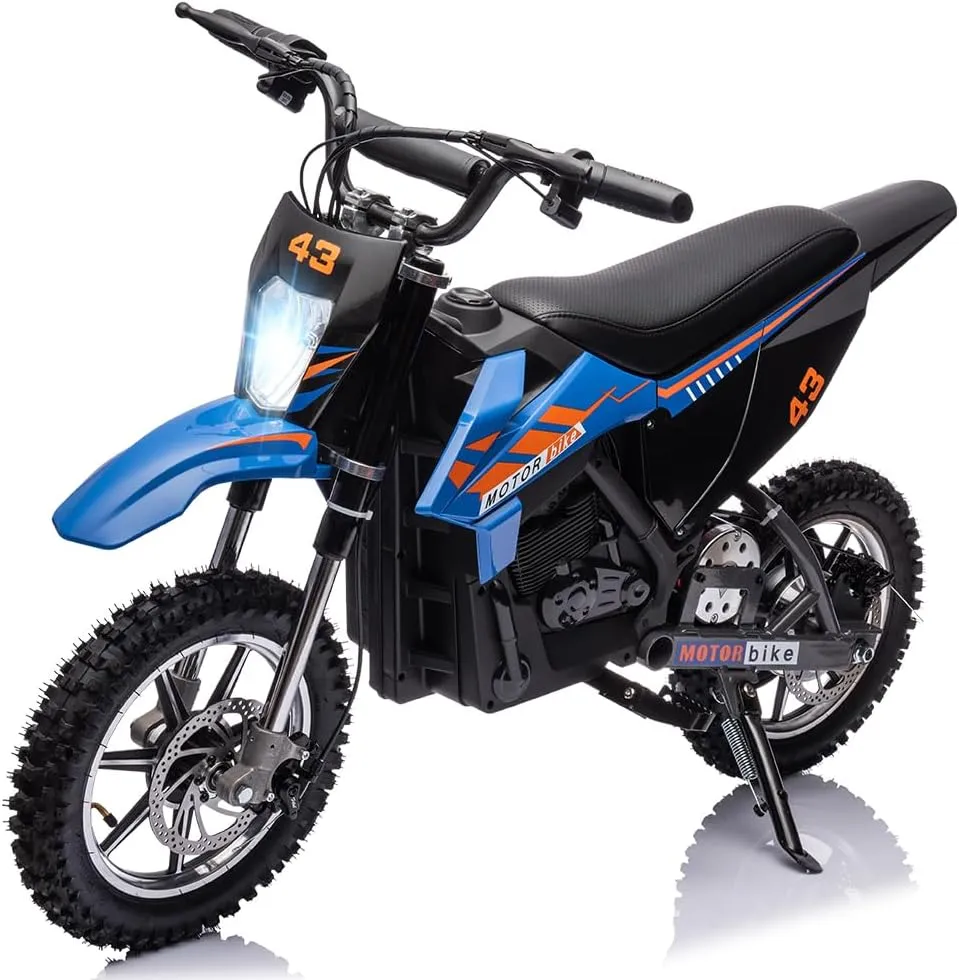 36V Kids Ride on Dirt Bike,15.5MPH Fast Speed Electric Battery-Powered Off-Road Motorcycle 500W Brushed Motor,Max Load 175 lbs,LED Light,Leather Seat,Disc Brake,Air-Filled Tires (Blue)