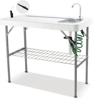 37" Folding Fish Cleaning Table w/Faucet & Sink, Outdoor Portable Fillet Station w/Grid Frame, Knife & Standard Garden Spray Nozzle, Multifunctional Washing Table for Camping or Kitchen, Grey