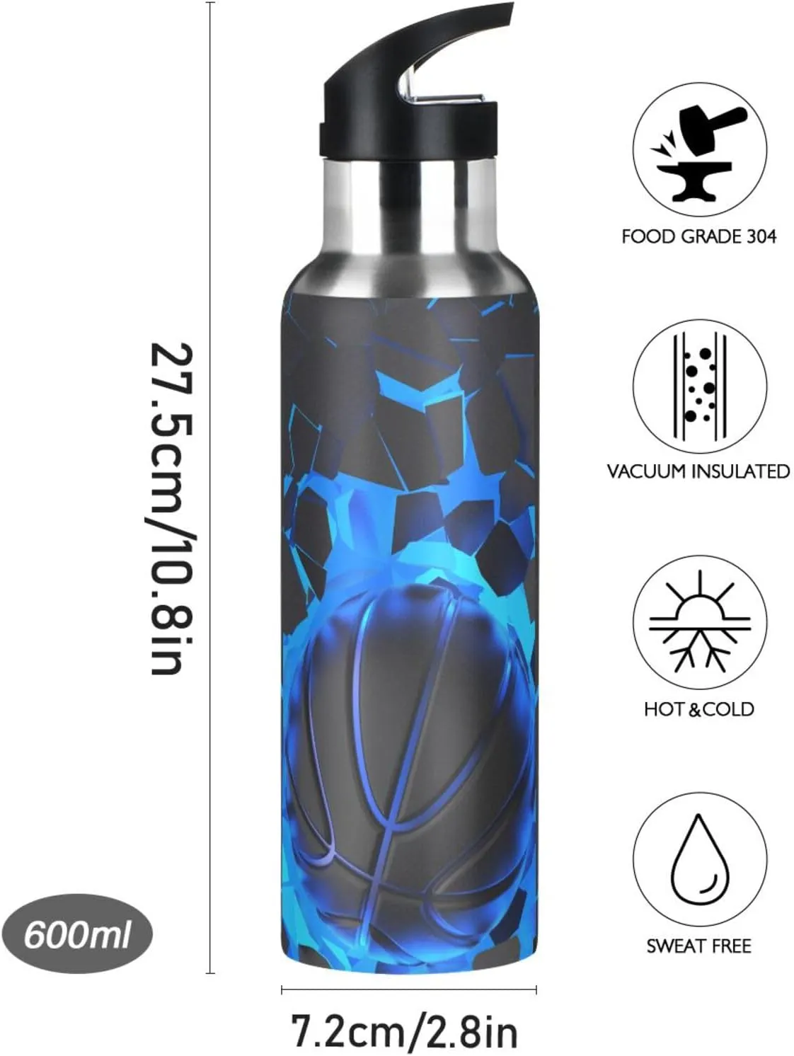3D Basketball Blue Lighting Water Bottle Kids Boys Girls Insulated Stainless Steel Hot Cold Water Flask with Straw Lid for Sports Gym Running 20 oz