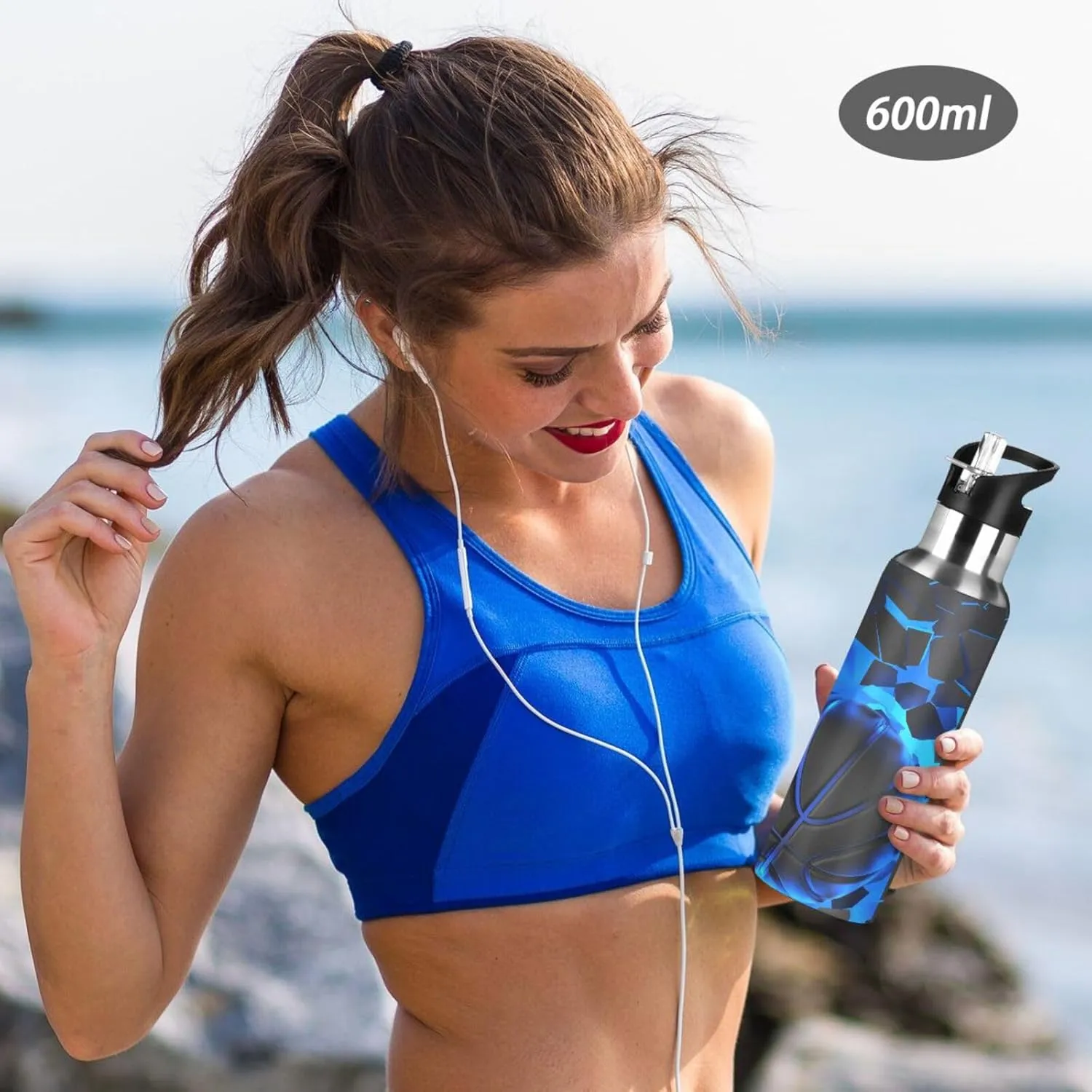 3D Basketball Blue Lighting Water Bottle Kids Boys Girls Insulated Stainless Steel Hot Cold Water Flask with Straw Lid for Sports Gym Running 20 oz