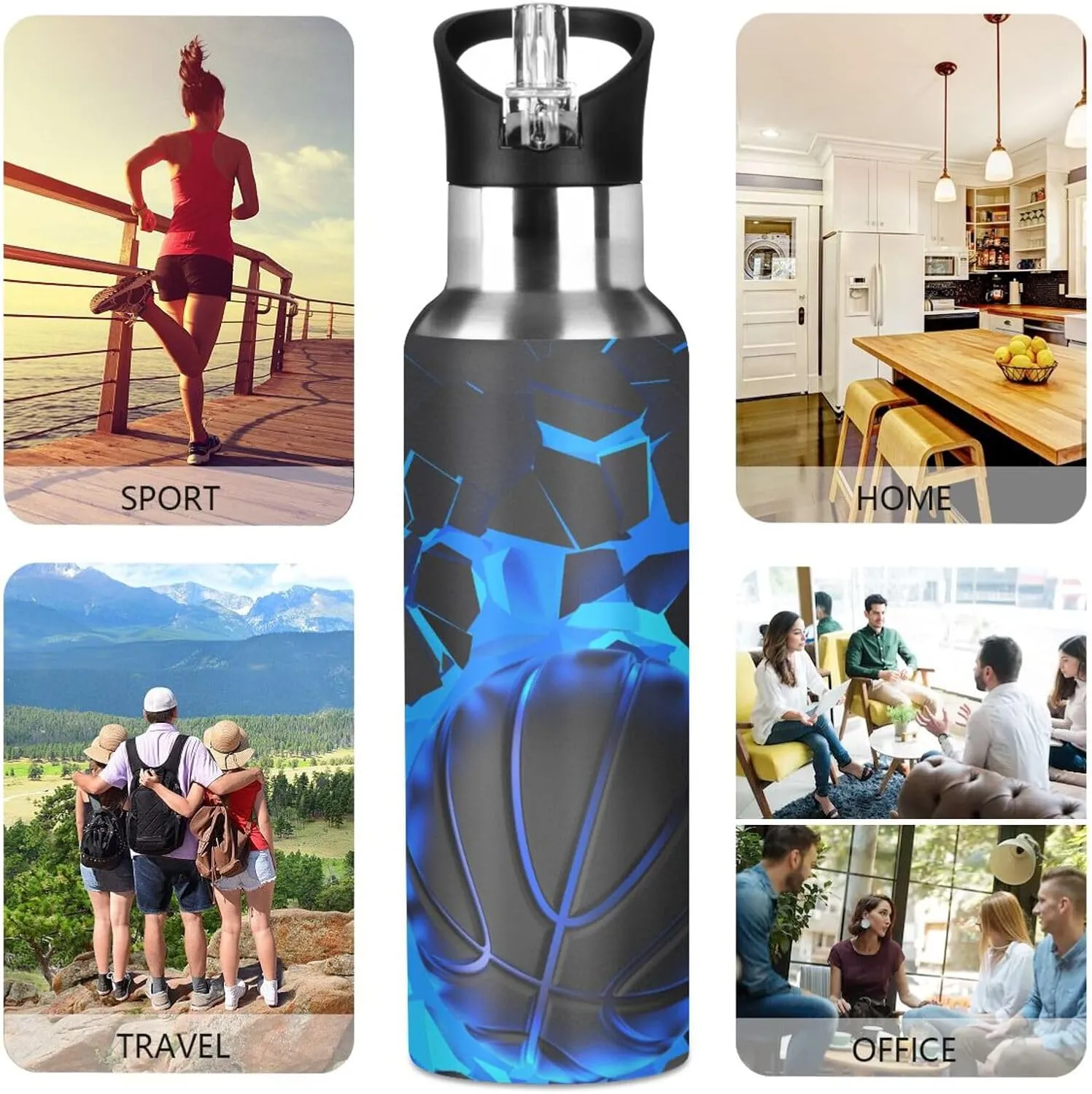 3D Basketball Blue Lighting Water Bottle Kids Boys Girls Insulated Stainless Steel Hot Cold Water Flask with Straw Lid for Sports Gym Running 20 oz