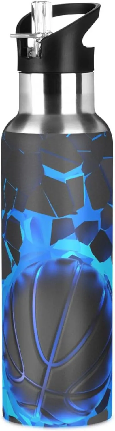 3D Basketball Blue Lighting Water Bottle Kids Boys Girls Insulated Stainless Steel Hot Cold Water Flask with Straw Lid for Sports Gym Running 20 oz