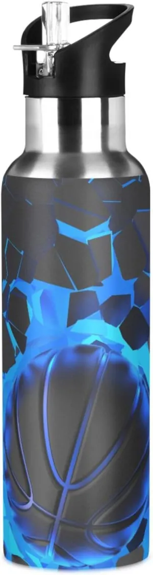 3D Basketball Blue Lighting Water Bottle Kids Boys Girls Insulated Stainless Steel Hot Cold Water Flask with Straw Lid for Sports Gym Running 20 oz