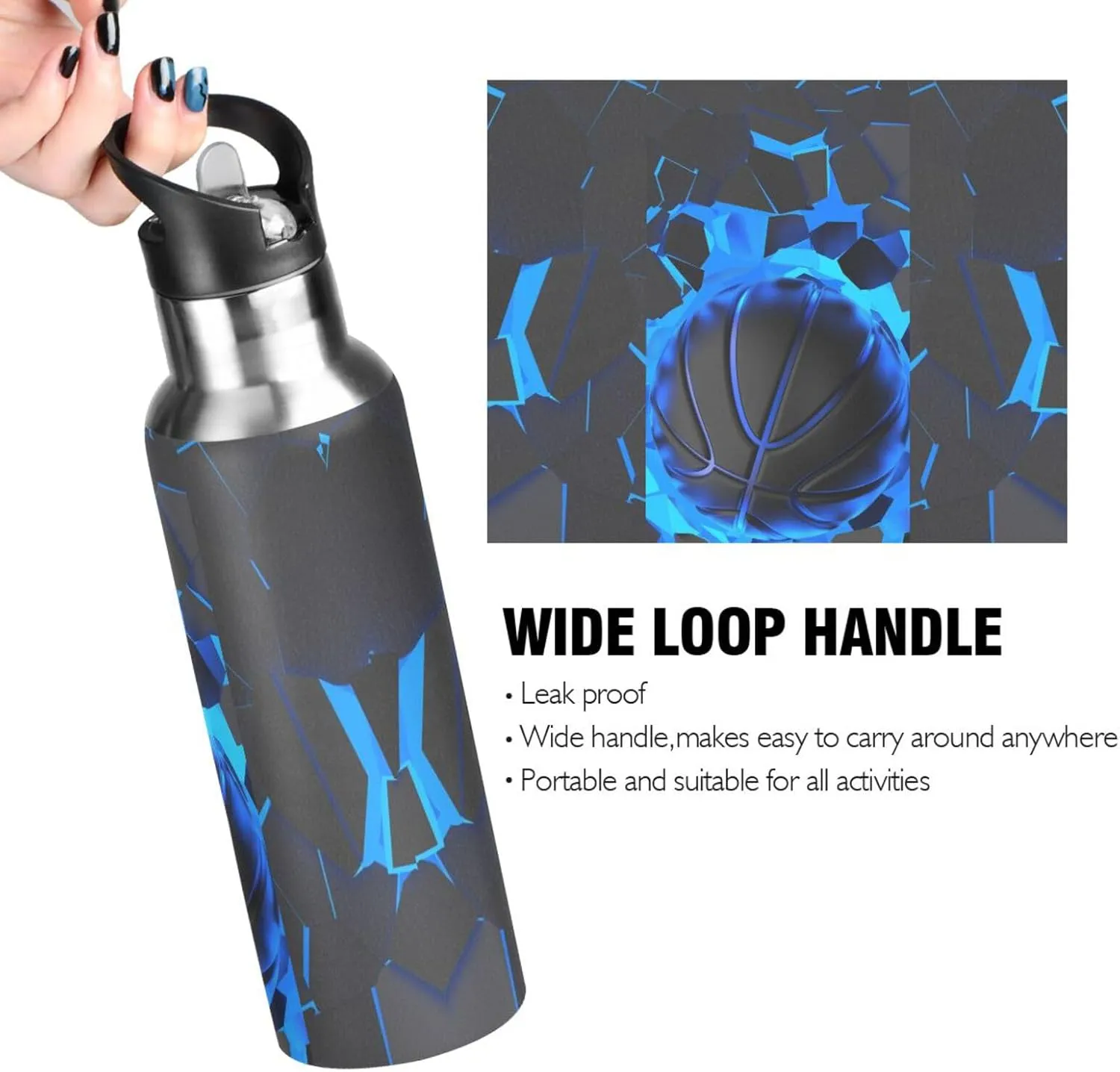 3D Basketball Blue Lighting Water Bottle Kids Boys Girls Insulated Stainless Steel Hot Cold Water Flask with Straw Lid for Sports Gym Running 20 oz