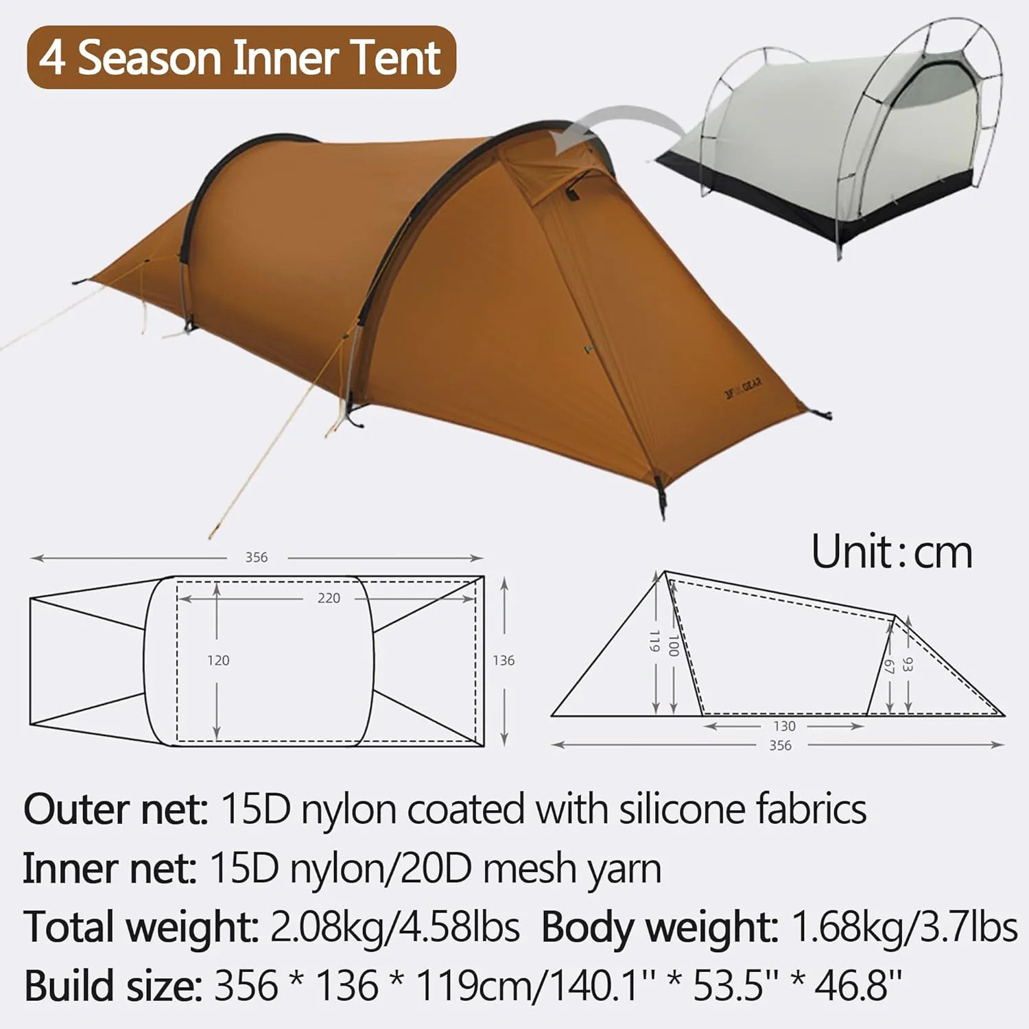 3F UL Gear 1/2 Person Ultralight Camping Tent- Windproof Category 7~8 - Rainproof Groundsheet(PU8000mm )- 3/4 Season Tent with Expanded Foyer for Outdoor Hiking Mountaineering Travel
