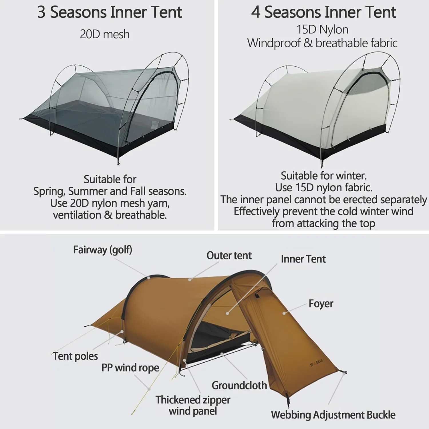 3F UL Gear 1/2 Person Ultralight Camping Tent- Windproof Category 7~8 - Rainproof Groundsheet(PU8000mm )- 3/4 Season Tent with Expanded Foyer for Outdoor Hiking Mountaineering Travel