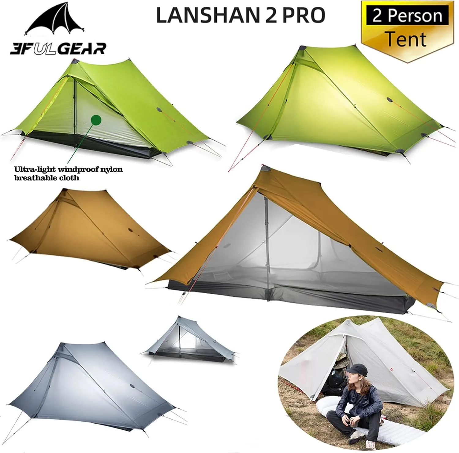 3F UL Gear Lanshan PRO Lanshan Ultralight Tent 4 Season Backpacking Tent for 2 Person, Waterproof Professional Tents for Camping, Trekking, Kayaking, Climbing, Hiking