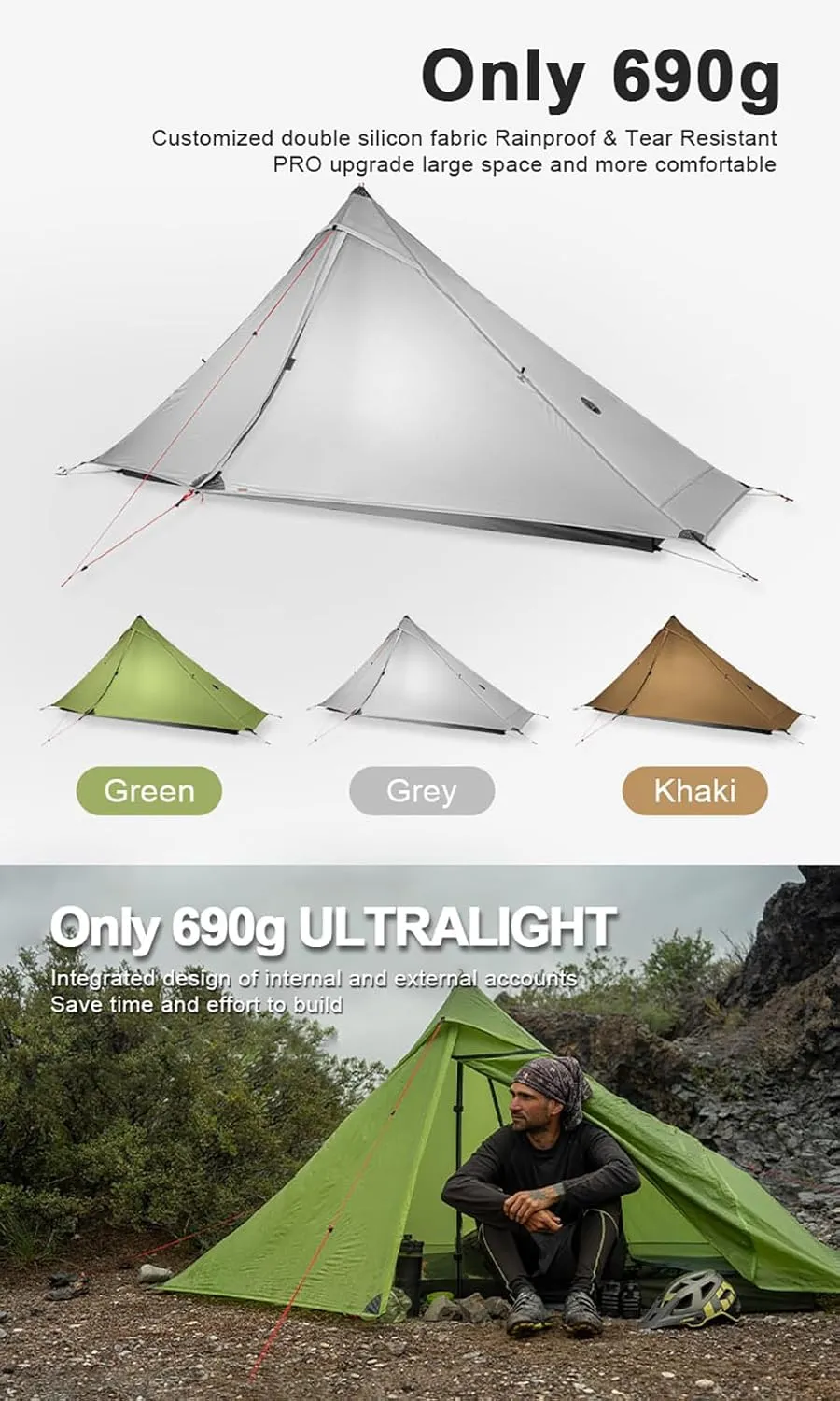 3F UL Gear Lanshan PRO Ultralight Tent 3-Season Backpacking Tent for 1-2 Person Camping, Climbing, Hiking, Trekking, Kayaking, Khaki