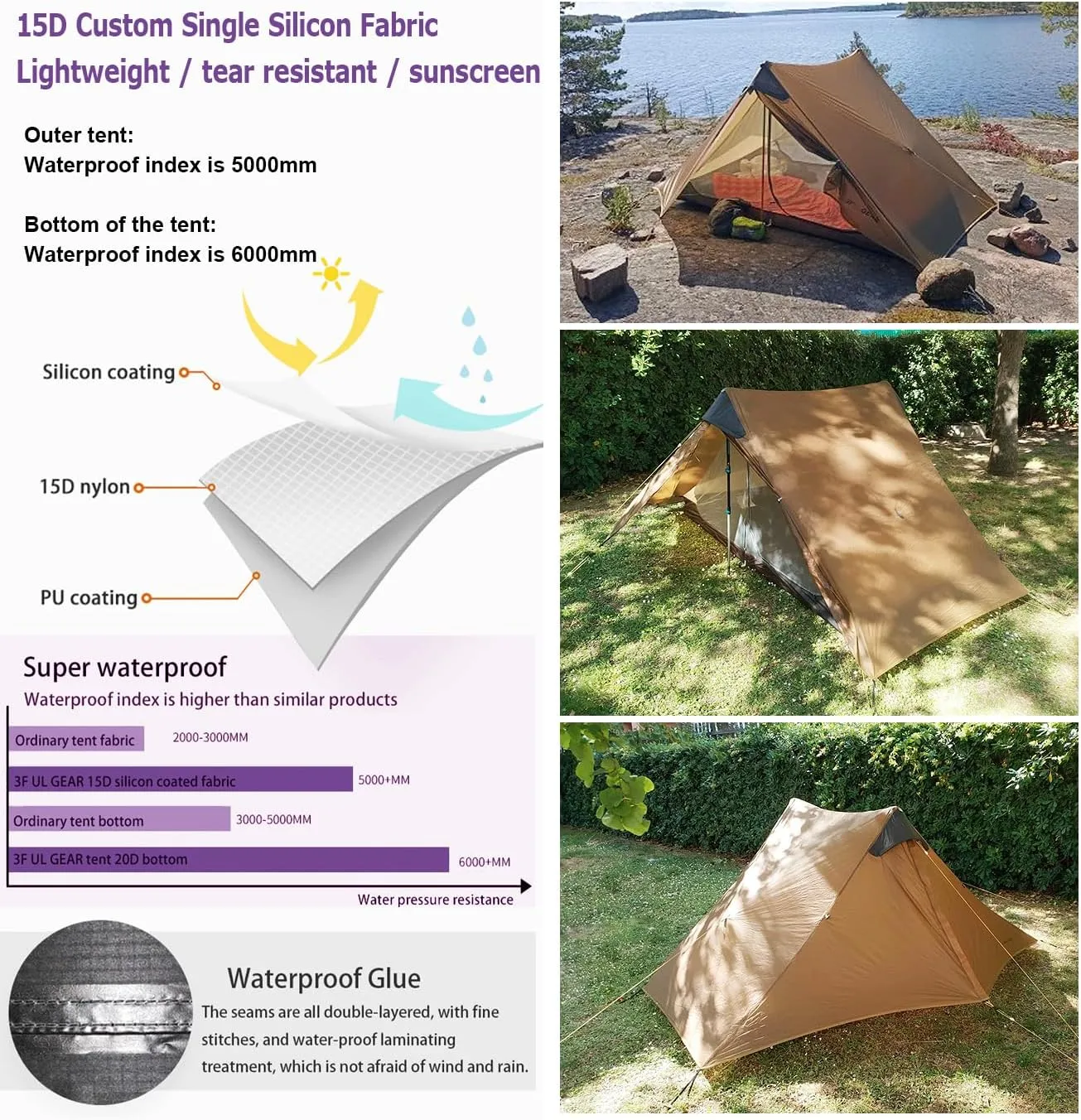3F UL Gear Lanshan Ultralight 1-Person or 2-Person Backpacking Tent, 3-Season or 4-Season, Outdoor Lightweight Waterproof Professional Tent, Trekking, Kayaking, Climbing, Hiking