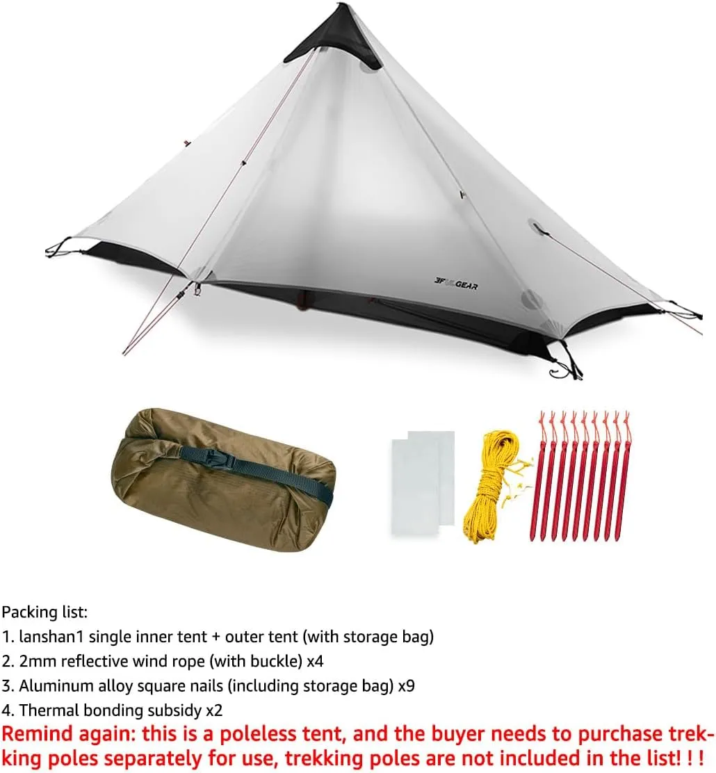 3F UL Gear Lanshan1 Ultralight Tent 3/4 Season Portable Backpacking Tent for 1-Person 15D Silicon Coated Waterproof Poleless Double Layer Tent for Camping, Climbing, Hiking