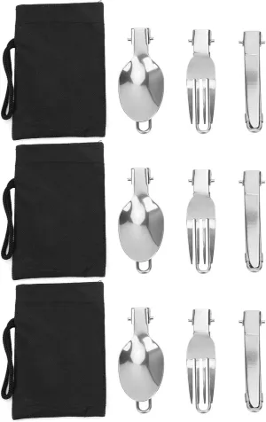 3Set Stainless Steel Folding Cutlery, Spoon Fork Knife Set Picnic Dinner Flatware, Picnic Portable Folding Fork and Spoon
