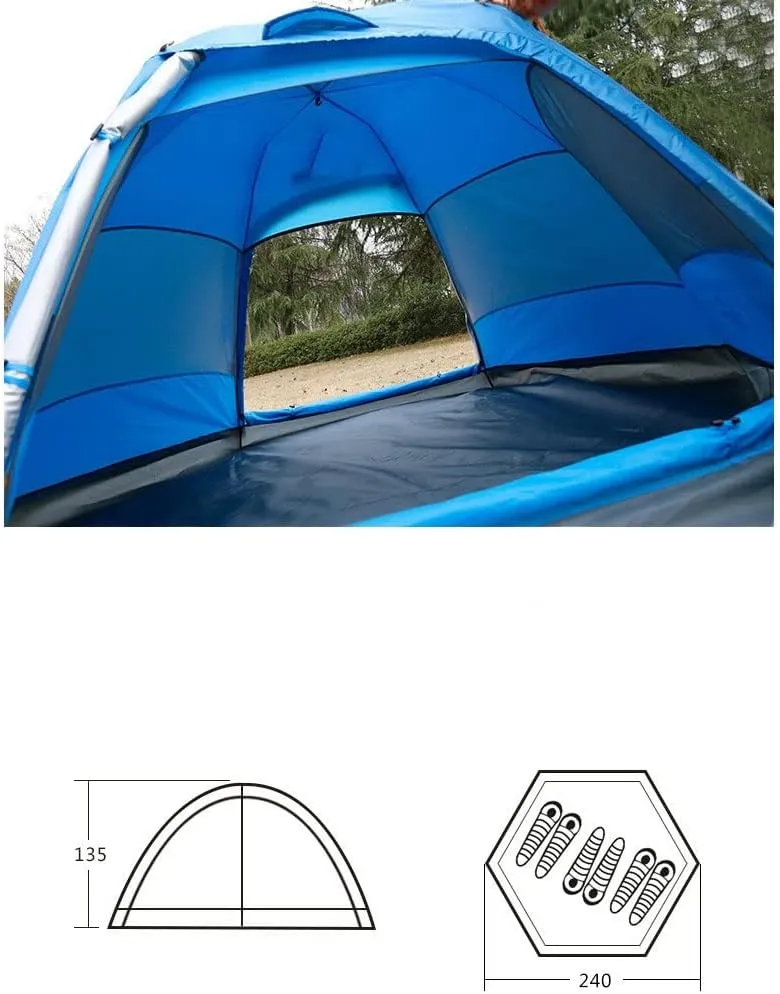 4-5 Person Camping Tent – Double-Layer Automatic Speed Open Sun Hex Tent – Lightweight Outdoor Tent for Backpacking Hiking or Beach Outdoors (Blue)