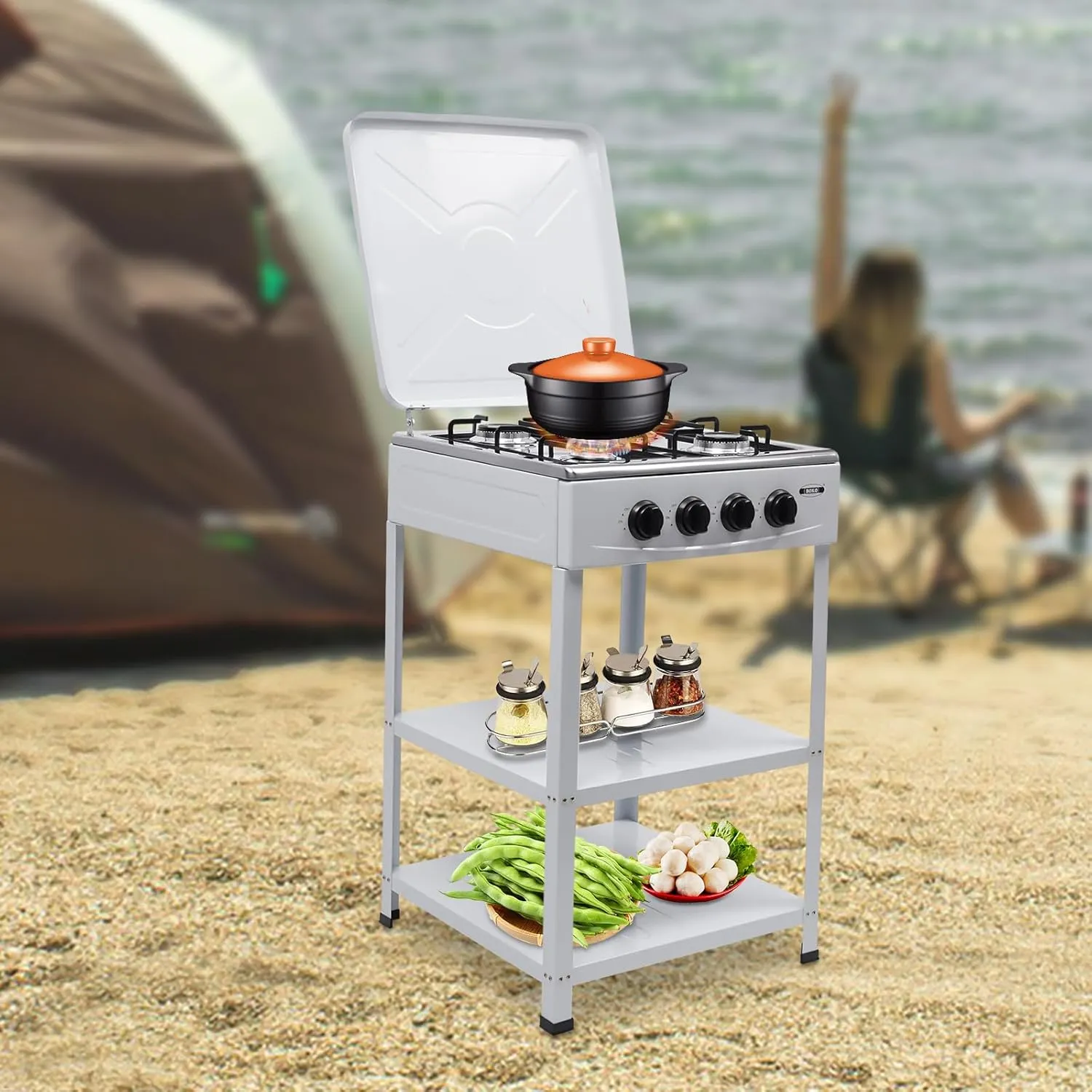 4 Burner Gas Stove Camp Stove Portable Gas Cooktops,Freestanding Kitchen Cooking Stove Appliance with Windshield & Double Storage Shelves,Multifunction Gas Cooker for Camping,Fishing,RV(White)