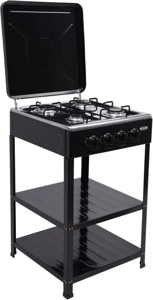 4 Burner Gas Stove Portable LNG/LPG Camping Grill Stove with 2 Tier Storage Rack, Wind Shield & Non-slip Feet Manual Ignition Stainless Steel Stove for RV, Apartment, Outdoor Cooking (Black)