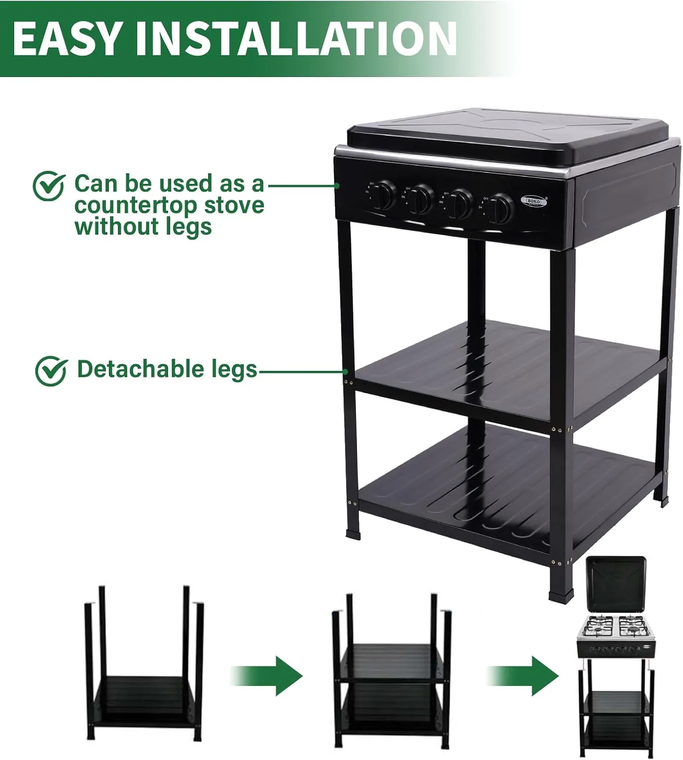 4 Burner Gas Stove with Removable Leg Stand Portable Gas Stove LNG/LPG Auto Ignition for RV, Apartment, Camping, Outdoor Cooking, Black