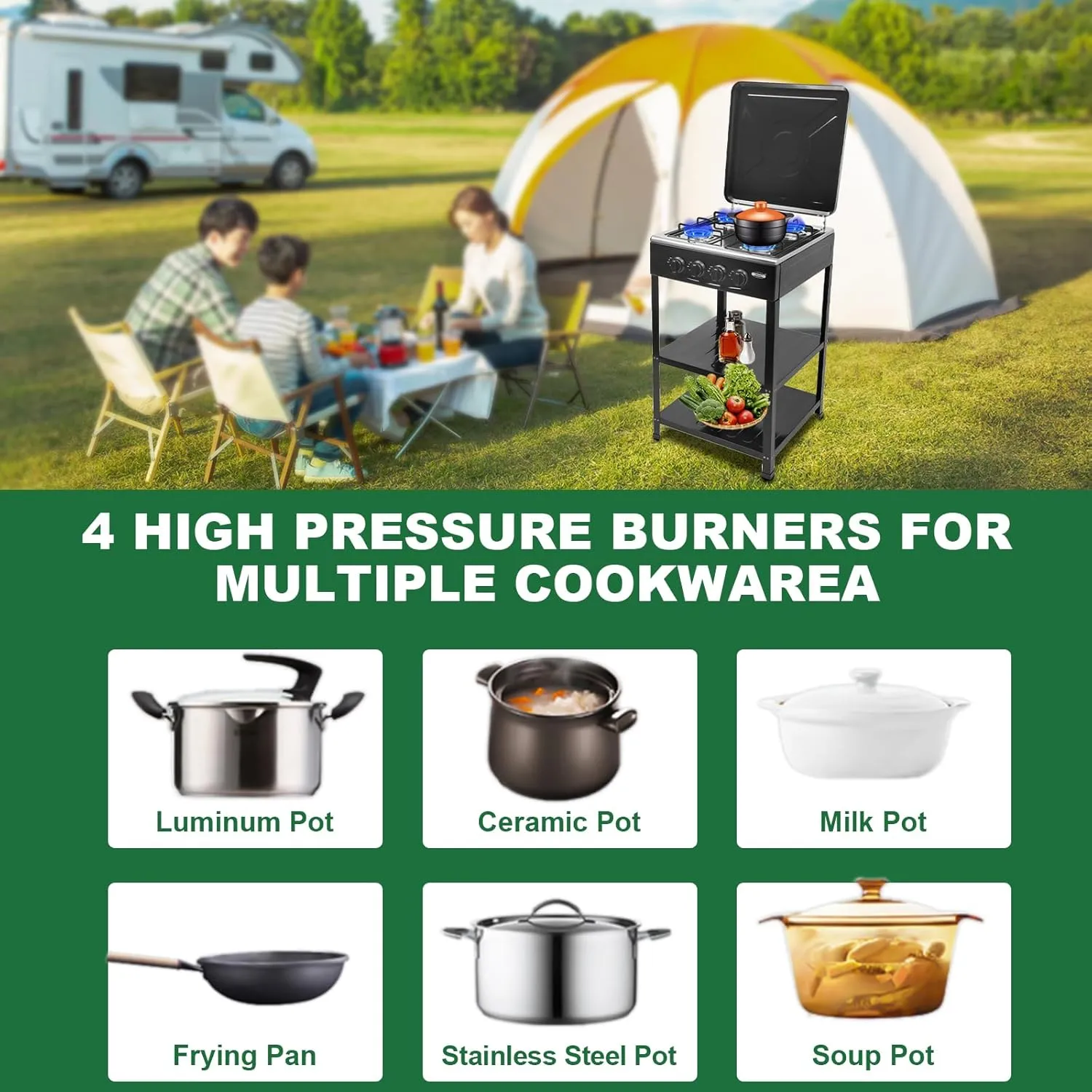 4 Burner Gas Stove with Removable Leg Stand Portable Gas Stove LNG/LPG Auto Ignition for RV, Apartment, Camping, Outdoor Cooking, Black