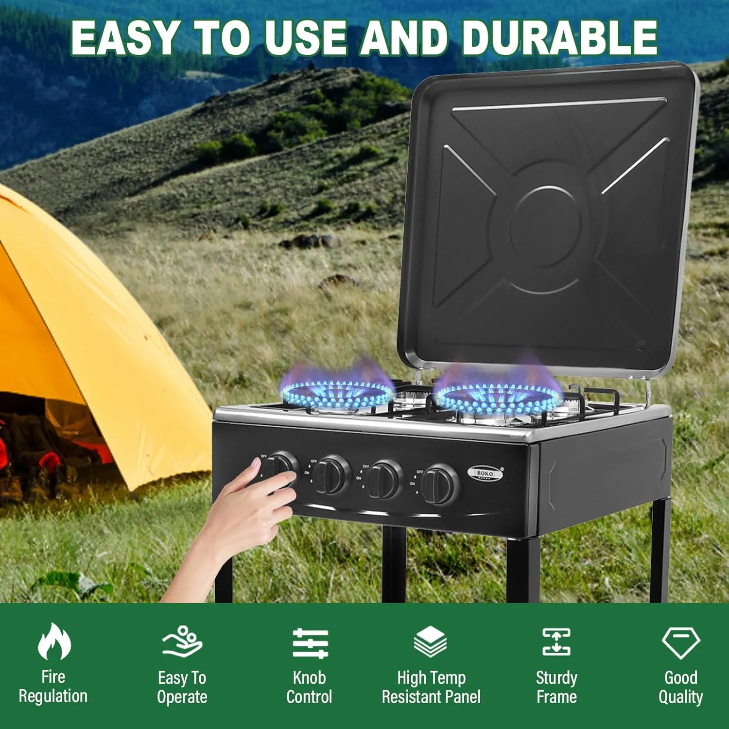 4 Burner Gas Stove with Removable Leg Stand Portable Gas Stove LNG/LPG Auto Ignition for RV, Apartment, Camping, Outdoor Cooking, Black