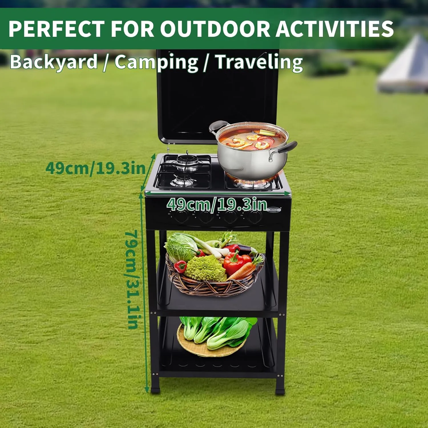 4 Burner Gas Stove with Removable Leg Stand Portable Gas Stove LNG/LPG Auto Ignition for RV, Apartment, Camping, Outdoor Cooking, Black