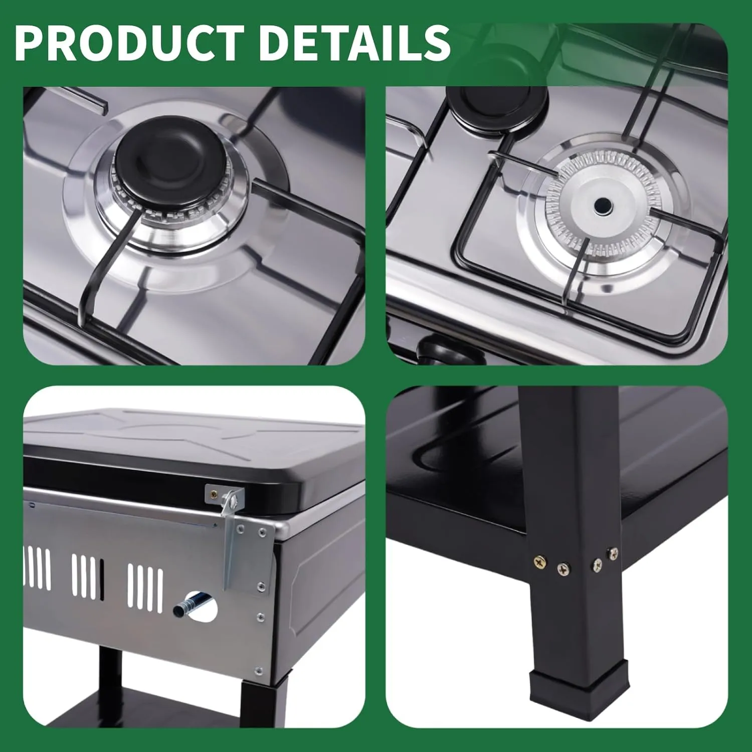 4 Burner Gas Stove with Removable Leg Stand Portable Gas Stove LNG/LPG Auto Ignition for RV, Apartment, Camping, Outdoor Cooking, Black