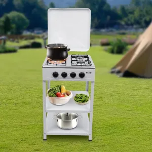 4 Burner Gas Stove with Wind Shield Portable NG/LPG Stove with 2 Storage Shelves for RV Apartment Outdoor Cooking