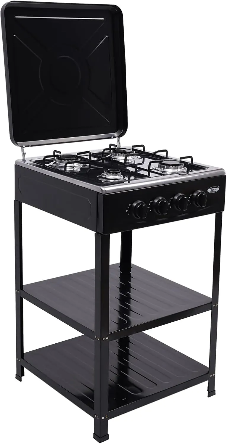 4-Burner Natural Gas Stove, Portable Gas Stove with 2 Tier Storage Rack Propane Gas BBQ Grill with 4 Control Knobs Outdoor Gas Powered Stove for RV, Apartment, Outdoor Cooking (Black)