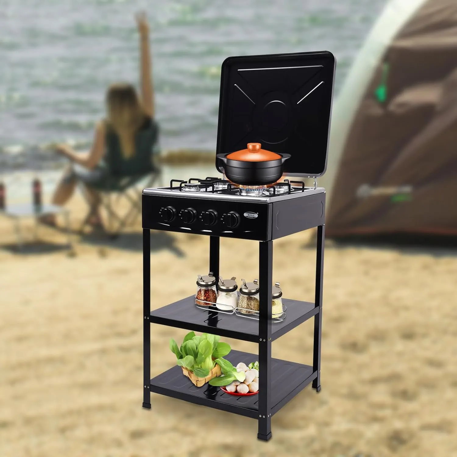 4 Burner Outdoor Gas Stove for Cooking 10000 BTU LNG & LPG Portable Camp Burner Stove Stand Heavy Duty Gas Stove Cooker Gas Stove with Legs & Shelves for Camping, Black
