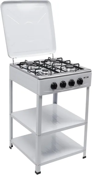 4 Burners Propane Camping Stove Portable Camping Grill Stove Floor Standing Gas Cooktop Natural Gas Stove with Storage Stand Wind Guards Manual Ignition for Outdoor Camping Cooking (White)