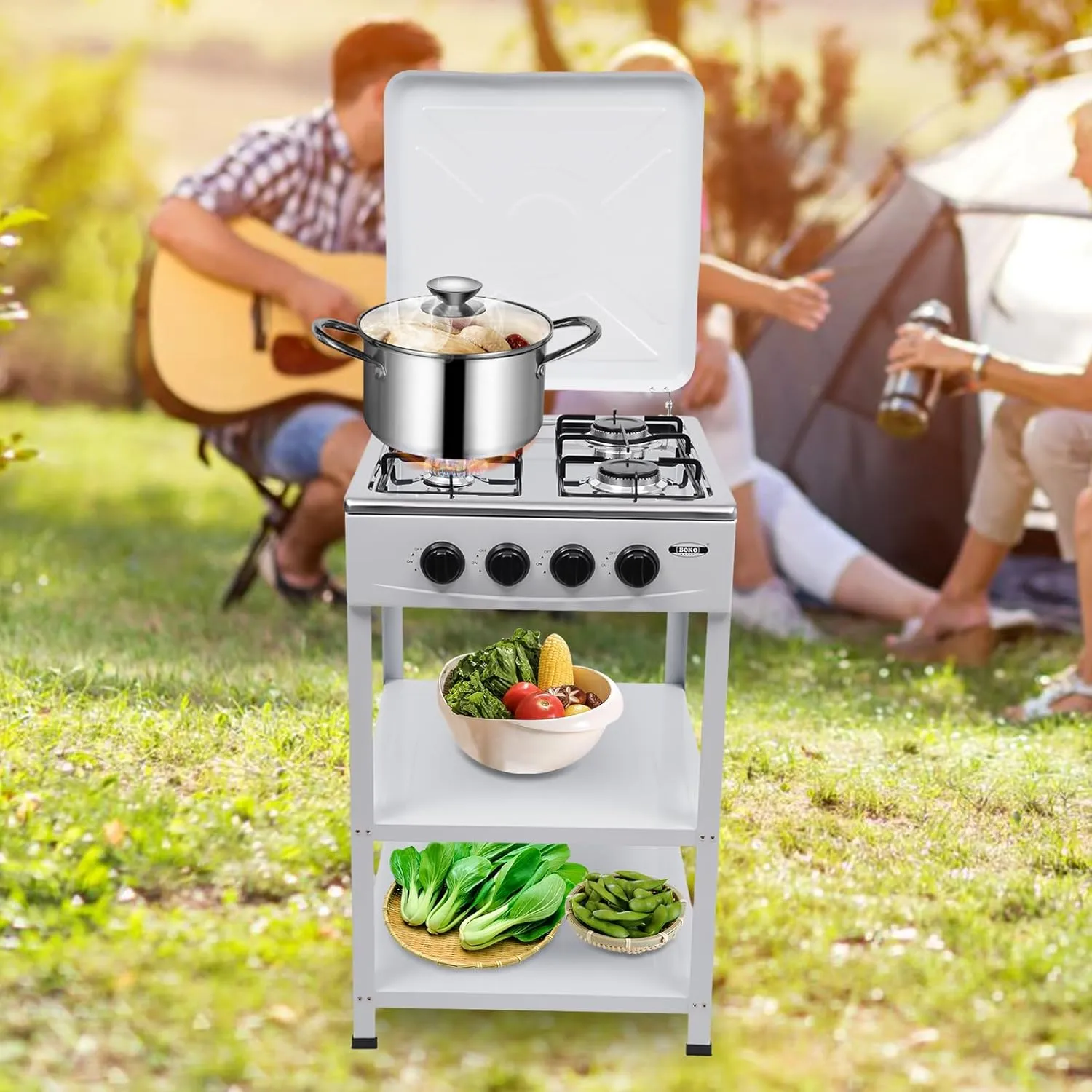 4 Burners Propane Camping Stove Portable Camping Grill Stove Floor Standing Gas Cooktop Natural Gas Stove with Storage Stand Wind Guards Manual Ignition for Outdoor Camping Cooking (White)