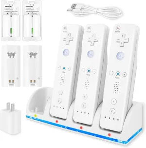 4-in-1 Charger Station for Wii/Wii U Remote Controller, Charging with 4 Pack 2800mAh Rechargeable Battery Pack 4 Port Charging Station Plugs USB Cable,Not Include Remote (White)