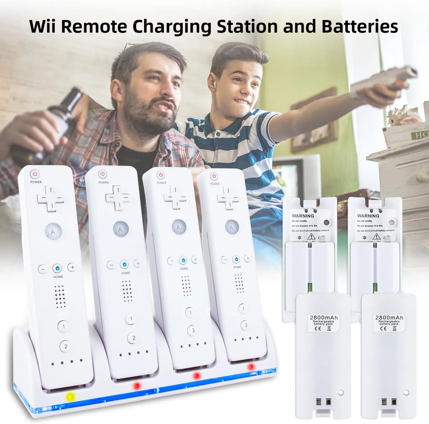 4-in-1 Charger Station for Wii/Wii U Remote Controller, Charging with 4 Pack 2800mAh Rechargeable Battery Pack 4 Port Charging Station Plugs USB Cable,Not Include Remote (White)