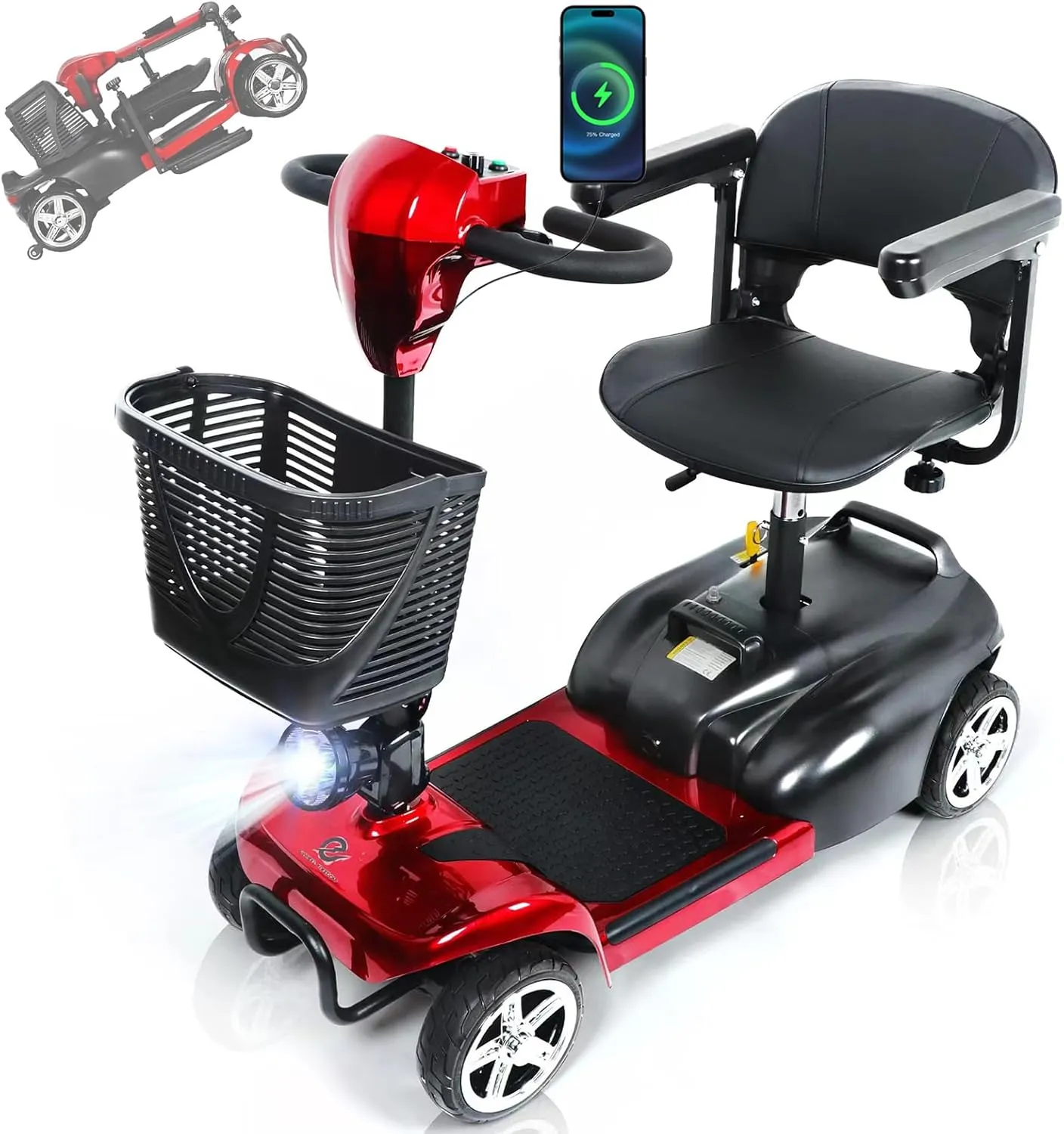 4 Wheel Mobility Scooters for Adults, 265 lbs Foldable Electric Scooter for Seniors,14 Miles Range, 5 Mph Long Range Power Extended Battery with Charger,Basket and LED Light (Red)