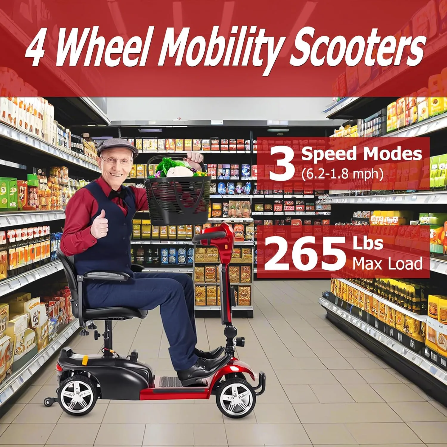 4 Wheel Mobility Scooters for Adults, 265 lbs Foldable Electric Scooter for Seniors,14 Miles Range, 5 Mph Long Range Power Extended Battery with Charger,Basket and LED Light (Red)