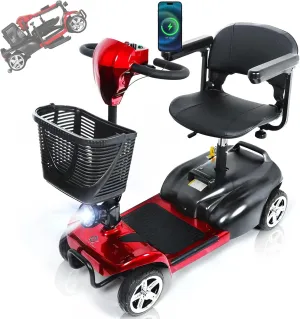 4 Wheel Mobility Scooters for Adults, 265 lbs Foldable Electric Scooter for Seniors,14 Miles Range, 5 Mph Long Range Power Extended Battery with Charger,Basket and LED Light (Red)