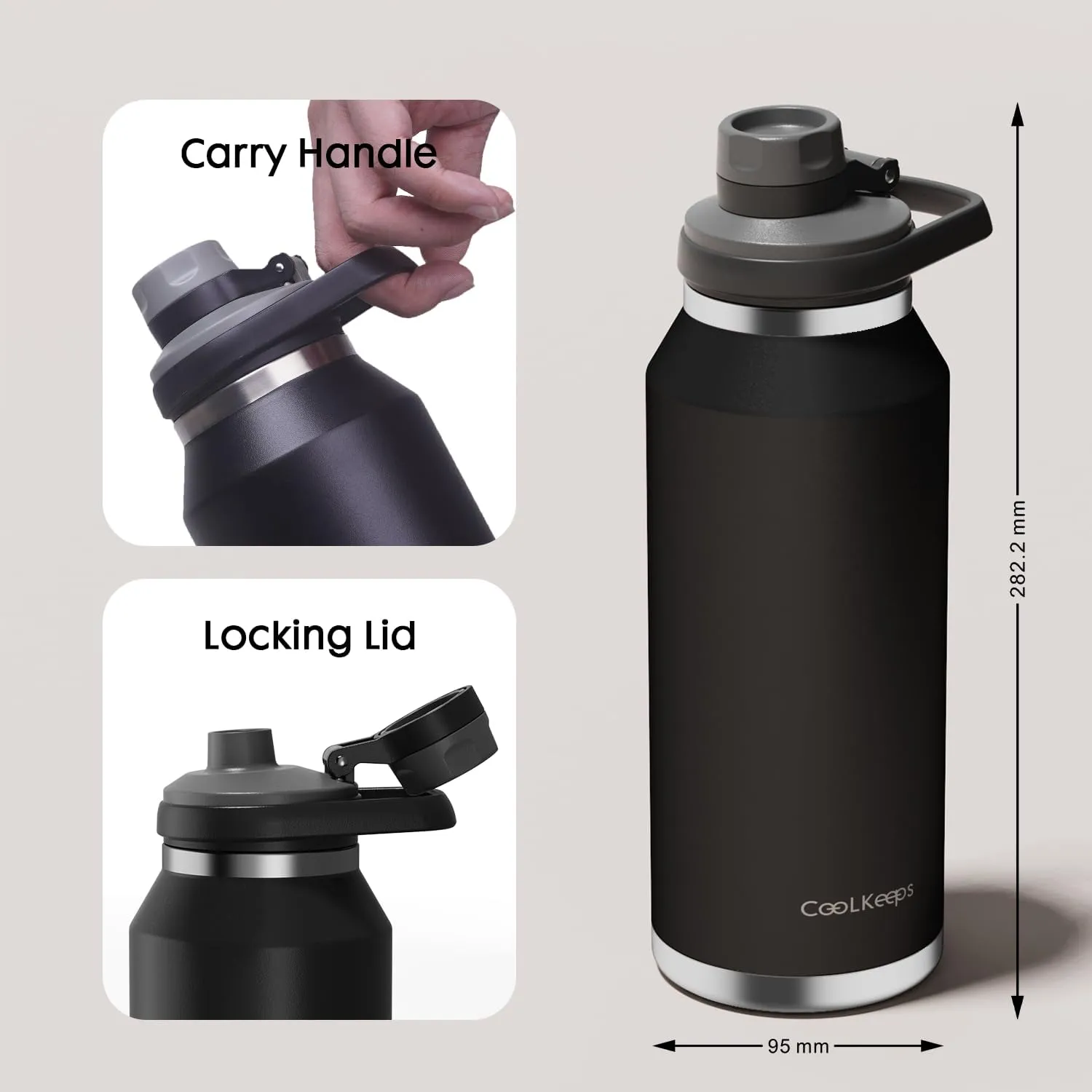 40 oz Insulated Water Bottle, Sports Stainless Steel Water Bottle with Handle Lid Outdoor Wide Mouth Metal Flask (Black)